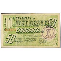 PAPER MONEY OF THE CIVIL WAR: CATALUNYA - 50 Cèntims. Maig 1937. Aj. de JUST DESVERN. AT-1298; T-148