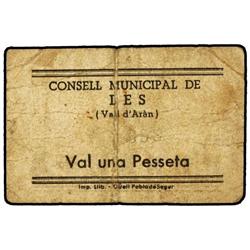 PAPER MONEY OF THE CIVIL WAR: CATALUNYA - 1 Pesseta. S/F. C.M. de LES. MUY RARO. AT-1301; T-1490. BC