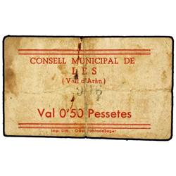 PAPER MONEY OF THE CIVIL WAR: CATALUNYA - 0,50 Pessetes. S/F. C.M. de LES. (Manchas. Leves roturas).