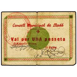 PAPER MONEY OF THE CIVIL WAR: CATALUNYA - 1 Pesseta. Abril 1937. C.M. de LLADÓ. (Pequeños cortes en 