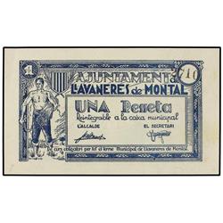 PAPER MONEY OF THE CIVIL WAR: CATALUNYA - 1 Pesseta. S/F. Aj. de LLAVANERES DE MONTAL. (Leves mancha