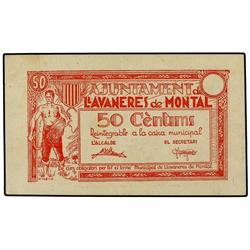 PAPER MONEY OF THE CIVIL WAR: CATALUNYA - 50 Cènitms. S/F. Aj. de LLAVANERES DE MONTAL. ESCASO. AT-1