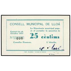 PAPER MONEY OF THE CIVIL WAR: CATALUNYA - 25 Cèntims. 28 Octubre 1937. C.M. de LLOÀ. Una sola firma.