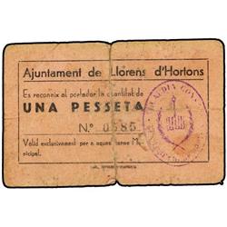 PAPER MONEY OF THE CIVIL WAR: CATALUNYA - 1 Pesseta. S/F. Aj. de LLORENS d´HORTONS. (Roturas. Repara
