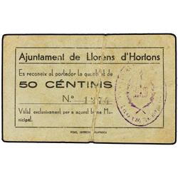 PAPER MONEY OF THE CIVIL WAR: CATALUNYA - 50 Cèntims. S/F. Aj. de LLORENS d´HORTONS. MUY ESCASO. T-1