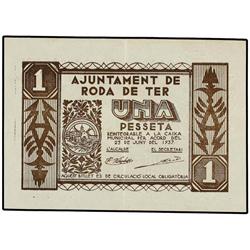 PAPER MONEY OF THE CIVIL WAR: CATALUNYA - 1 Pesseta. 23 Juny 1937. Aj. de RODA DE TER. AT-2190b; T-2