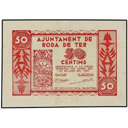 PAPER MONEY OF THE CIVIL WAR: CATALUNYA - 50 Cèntims. 23 Juny 1937. Aj. de RODA DE TER. AT-2191; T-2