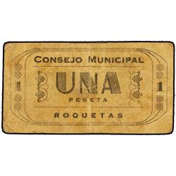 PAPER MONEY OF THE CIVIL WAR: CATALUNYA - 1 Peseta. S/F. C.M. de ROQUETAS. ESCASO. AT-2199; T-2540. 