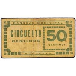 PAPER MONEY OF THE CIVIL WAR: CATALUNYA - 50 Céntimos. S/F. C.M. de ROQUETAS. ESCASO. AT-2202; T-254