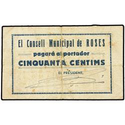 PAPER MONEY OF THE CIVIL WAR: CATALUNYA - 50 Cèntims. S/F. C.M. de ROSES. AT-2213; T-2554. (MBC). 