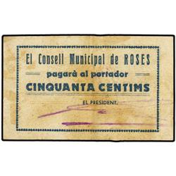 PAPER MONEY OF THE CIVIL WAR: CATALUNYA - 50 Cèntims. S/F. C.M. de ROSES. (Algunas manchas). AT-2215