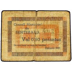 PAPER MONEY OF THE CIVIL WAR: CATALUNYA - 0,50 Pessetes. 1937. C.M. de SENTERADA. (Algo sucio, plieg