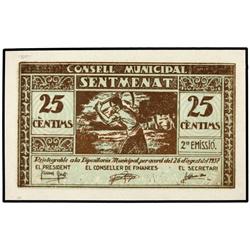 PAPER MONEY OF THE CIVIL WAR: CATALUNYA - 25 Cèntims. 26 d´Agost 1937. C.M. de SENTMENAT. AT-2343d; 