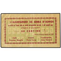 PAPER MONEY OF THE CIVIL WAR: CATALUNYA - 50 Cèntims. 3 Agost 1937. Aj. de SERRA D´ALMOS. AT-2355c; 