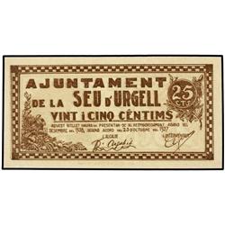 PAPER MONEY OF THE CIVIL WAR: CATALUNYA - 25 Cèntims. 23 d´Octubre 1937. Aj. de LA SEU D´URGELL. AT-