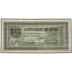 PAPER MONEY OF THE CIVIL WAR: CATALUNYA - 1 Pesseta. 1 Juny 1937. Aj. de Sitges. AT-2379a; T-2758a. 