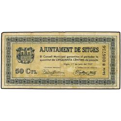 PAPER MONEY OF THE CIVIL WAR: CATALUNYA - 50 Cèntims. 1 Juny 1937. Aj. de SITGES. AT-2380; T-2759. M