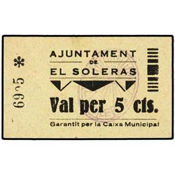 PAPER MONEY OF THE CIVIL WAR: CATALUNYA - 5 Cèntims. S/F. Aj. EL SOLERAS. (Leves manchitas en revers