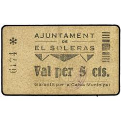 PAPER MONEY OF THE CIVIL WAR: CATALUNYA - 5 Cèntims. S/F. Aj. de EL SOLERÀS. Cartón. (Algo sucio). A