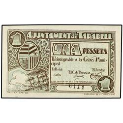 PAPER MONEY OF THE CIVIL WAR: CATALUNYA - 1 Pesseta. S/F. Aj. de TARADELL. AT-2432; T-2824. SC. 