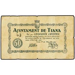 PAPER MONEY OF THE CIVIL WAR: CATALUNYA - 50 Cèntims. 1 Maig 1937. Aj. de TIANA. (Pequeñas roturas).