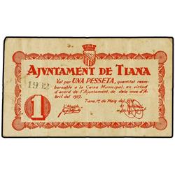 PAPER MONEY OF THE CIVIL WAR: CATALUNYA - 1 Pesseta. 1 Maig 1937. Aj. de TIANA. (Leves manchitas). A