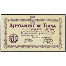 PAPER MONEY OF THE CIVIL WAR: CATALUNYA - 50 Cèntims. 1 Maig 1937. Aj. de TIANA. AT-2463; T-2853. EB