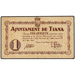 PAPER MONEY OF THE CIVIL WAR: CATALUNYA - 1 Pesseta. 1 Maig 1937. Aj. de TIANA. AT-2463; T-2854. MBC