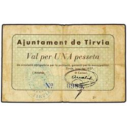PAPER MONEY OF THE CIVIL WAR: CATALUNYA - 1 Pesseta. Juny 1937. Aj. de TIRVIA. (Sucio). MUY ESCASO. 