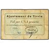 Image 1 : PAPER MONEY OF THE CIVIL WAR: CATALUNYA - 1 Pesseta. Juny 1937. Aj. de TIRVIA. (Sucio). MUY ESCASO. 