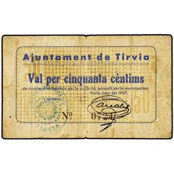 PAPER MONEY OF THE CIVIL WAR: CATALUNYA - 50 Cèntims. Juny 1937. Aj. de TIRVIA. (Pequeñas roturas). 