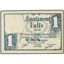 PAPER MONEY OF THE CIVIL WAR: CATALUNYA - 1 Pesseta. 16 Febrer 1937. Aj. de VALLS. (Leves manchitas)