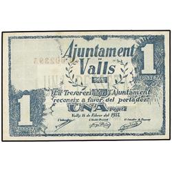 PAPER MONEY OF THE CIVIL WAR: CATALUNYA - 1 Pesseta. 16 Febrer 1937. Aj. de VALLS. AT-2689; T-3105. 
