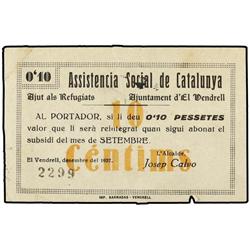 PAPER MONEY OF THE CIVIL WAR: CATALUNYA - 0,10 Pessetes. Setembre 1937. ASSISTENCIA SOCIAL DE CATALU