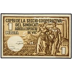 PAPER MONEY OF THE CIVIL WAR: CATALUNYA - 1 Pesseta. S/F. SINDICAT AGRICOLA VIC. ESCASO. T-3157. EBC