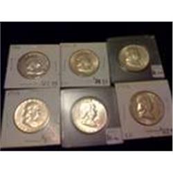 Six Silver Franklin Half Dollars, All AU