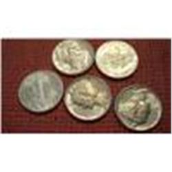 Five 1941 Mercury Silver Dimes, Brilliant, Uncirculated