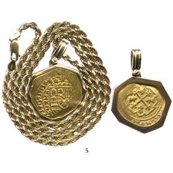 Mexico City, Mexico, cob 4 escudos, 1713J, from the 1715 Fleet, mounted in a 14K gold necklace bezel