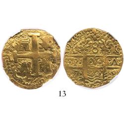Lima, Peru, cob 8 escudos, 1750R, 3 dates, from the Luz (1752), encapsulated NGC AU-50.