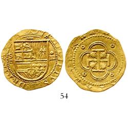 Seville, Spain, cob 4 escudos, Philip II, assayer Gothic D to left of shield.