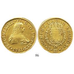 Santiago, Chile, bust 8 escudos, Ferdinand VI, 1751J, from the Luz (1752).
