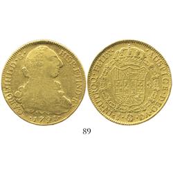 Santiago, Chile, bust 8 escudos, Charles IV  (bust of Charles III), 1791DA.