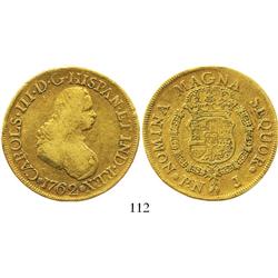 Popayan, Colombia, bust 8 escudos, Charles III (bust of Ferdinand VI), 1762J.