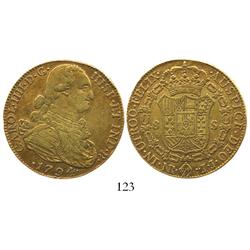 Bogota, Colombia, bust 8 escudos, Charles IV, 1794JJ.