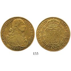 Bogota, Colombia, bust 8 escudos, Charles IV, 1805JJ.