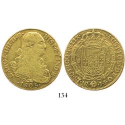 Bogota, Colombia, bust 8 escudos, Charles IV, 1805JJ.