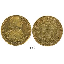 Bogota, Colombia, bust 8 escudos, Charles IV, 1806JJ.