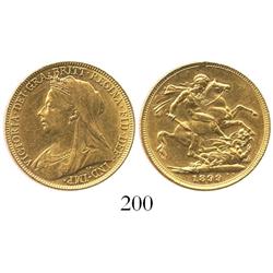 London, England, sovereign, Victoria (old veiled bust), 1899.