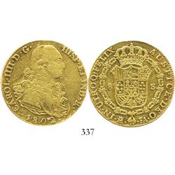 Madrid, Spain, bust 8 escudos, Charles IV, 1802FA.