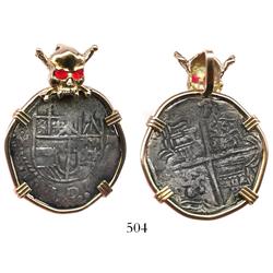 Potosi, Bolivia, cob 4 reales, Philip III, assayer M, Grade 1, mounted in a 14K gold necklace bezel 